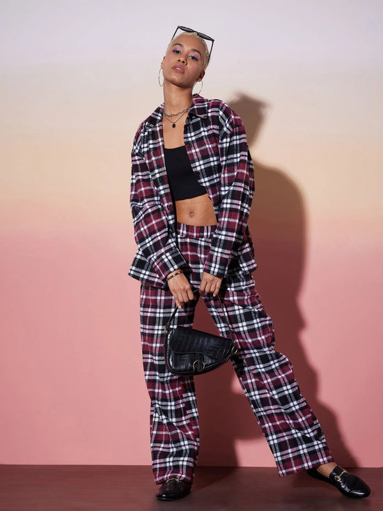 Women Maroon & White Check Shirt With Lounge Pants