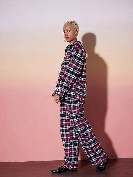 Women Maroon & White Check Shirt With Lounge Pants