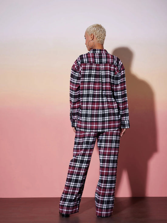 Women Maroon & White Check Shirt With Lounge Pants