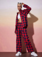 Women Red & Navy Check Shirt With Lounge Pants