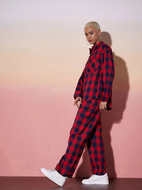 Women Red & Navy Check Shirt With Lounge Pants