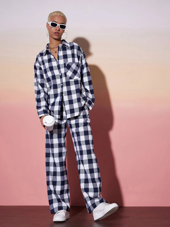 Women White & Navy Check Shirt With Lounge Pants