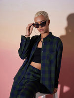 Women Green & Navy Check Shirt With Lounge Pants