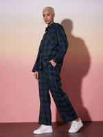 Women Green & Navy Check Shirt With Lounge Pants