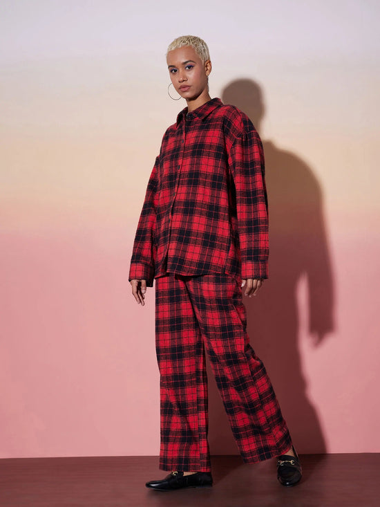 Women Red & Black Check Shirt With Lounge Pants