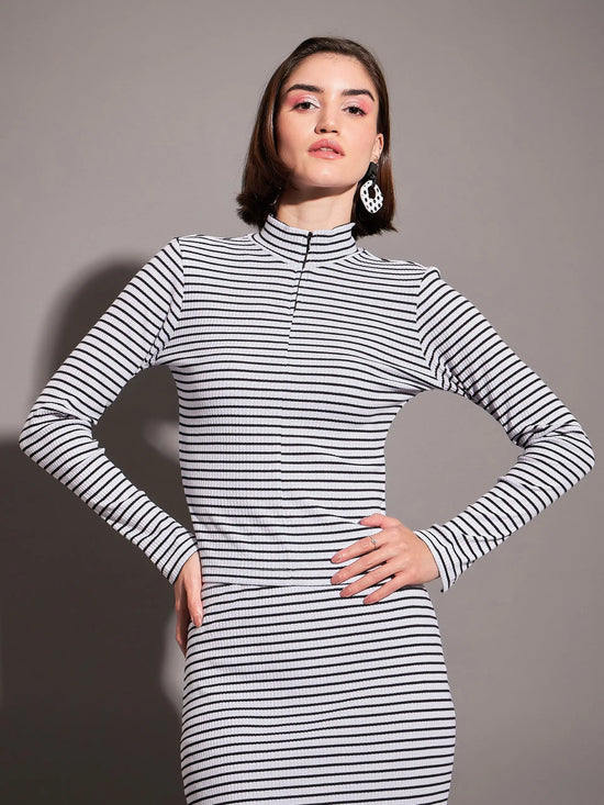 Women Black & White Striped Rib High Neck Front Zipper Top