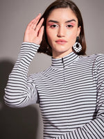 Women Black & White Striped Rib High Neck Front Zipper Top