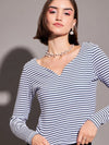 Women Navy & White Striped Rib Sweetheart Neck Top