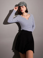 Women Navy & White Striped Rib Sweetheart Neck Top