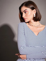 Women Navy & White Striped Rib Sweetheart Neck Top