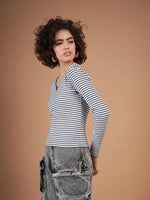 Women Black & White Striped Rib Sweetheart Neck Top