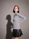 Women Black & White Striped Rib High Neck Top