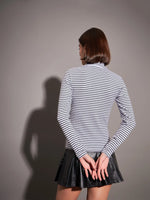 Women Black & White Striped Rib High Neck Top