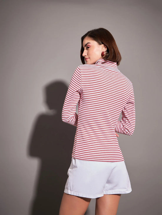 Women Red & White Striped Rib High Neck Top