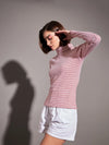 Women Red & White Striped Rib High Neck Top