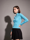 Women Turquoise Rib High Neck Front Zipper Top