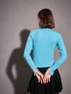 Women Turquoise Rib High Neck Front Zipper Top