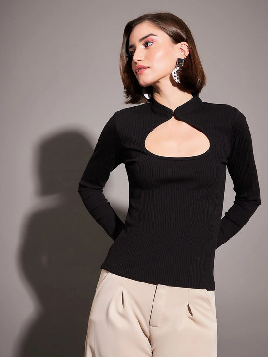 Women Black Rib Neck Cut Out Top