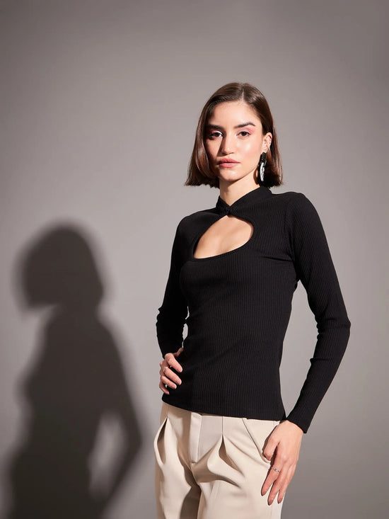 Women Black Rib Neck Cut Out Top