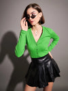 Women Green Rib Front Open Cardigan Top