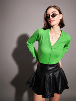 Women Green Rib Front Open Cardigan Top