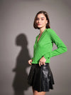 Women Green Rib Front Open Cardigan Top