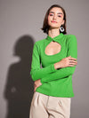 Women Green Rib Neck Cut Out Top