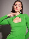 Women Green Rib Neck Cut Out Top