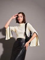 Women Off-White Rib High Neck Bell Sleeves Top