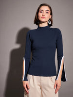 Women Navy Rib High Neck Bell Sleeves Top