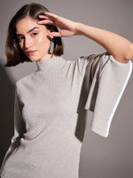 Women Grey Rib High Neck Bell Sleeves Top