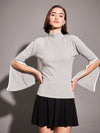 Women Grey Rib High Neck Bell Sleeves Top