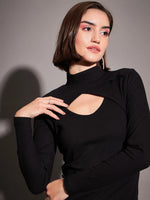 Women Black Rib Moon Cut Top