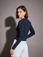 Women Navy Rib Front Open Cardigan Top