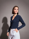 Women Navy Rib Front Open Cardigan Top