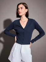 Women Navy Rib Front Open Cardigan Top