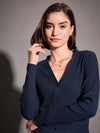 Women Navy Rib Front Open Cardigan Top