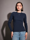 Women Navy Rib High Neck Top