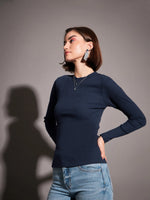 Women Navy Rib High Neck Top