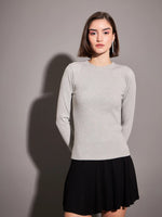 Women Grey Rib High Neck Top