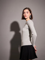 Women Grey Rib High Neck Top