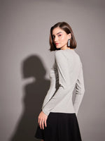 Women Grey Rib High Neck Top