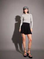 Women Grey Rib High Neck Top