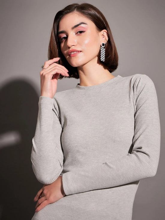 Women Grey Rib High Neck Top