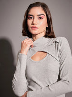 Women Grey Rib Moon Cut Top