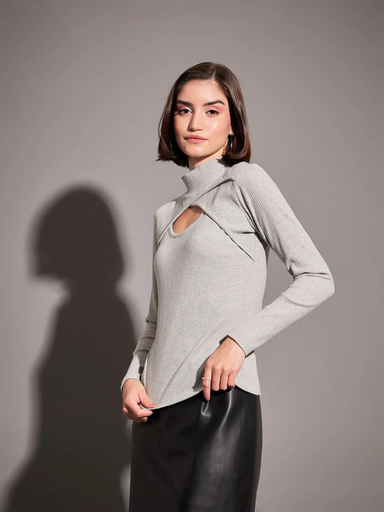 Women Grey Rib Moon Cut Top