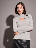 Women Grey Rib Moon Cut Top