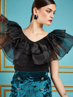 Women Black Frill Neck Top