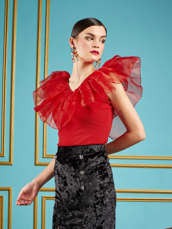 Women Red Frill Neck Top