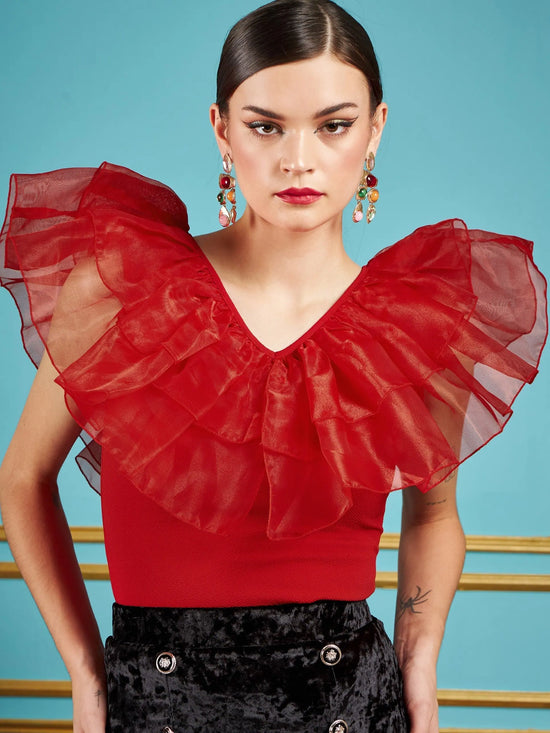 Women Red Frill Neck Top